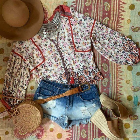 New Darling Floral Bohemian Crop Blouse Top - Picture 1 of 8